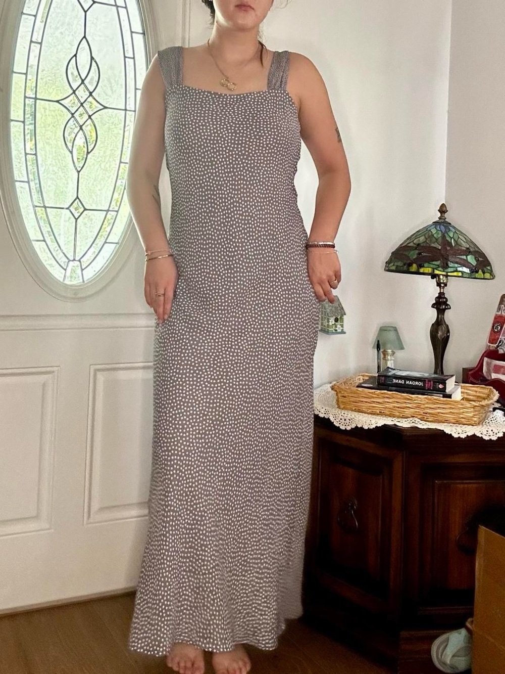 jonathan martin Gray Maxi Dress with White Dot Print